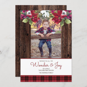 Red Buffalo Plaid Rustic Wood Poinsettia Christmas Invitation