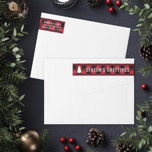 Red Buffalo Plaid Seasons Greetings Christmas Wrap Around Label