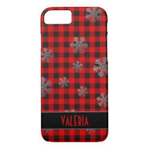 Red Buffalo Plaid Silver Glitter Snowflakes Case-Mate iPhone Case