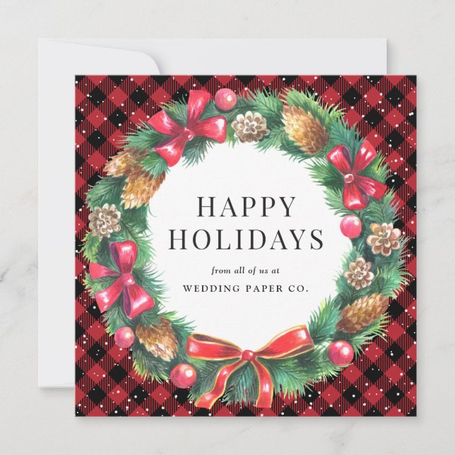 Red Buffalo Plaid Snow Holly Wreath Business Holiday Card (Front)