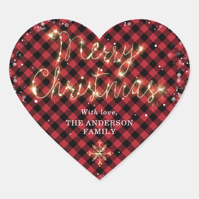 Red Buffalo Plaid Snow Sparkly Merry Christmas Heart Sticker (Front)