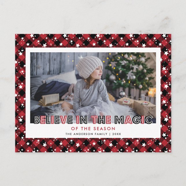 Red Buffalo Plaid Snow Stars Believe Photo Holiday Postcard (Front)