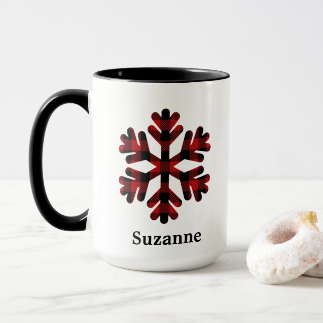 Red Buffalo Plaid Snowflake Monogram Coffee Mug (With Donut)