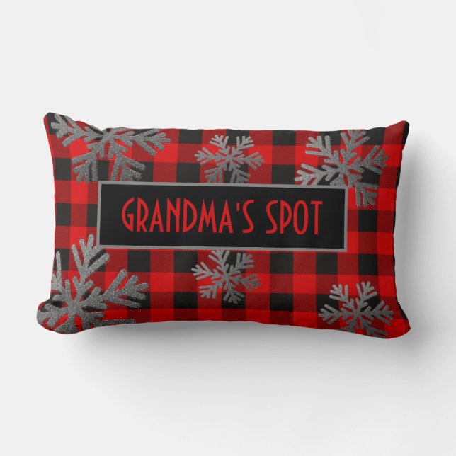 Red Buffalo Plaid Sparkly Snowflakes Lumbar Cushion (Front)