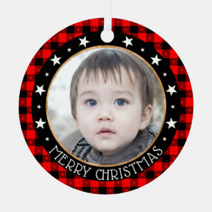   Red Buffalo Plaid & Stars Merry Christmas Custom Metal Tree Decoration