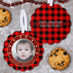 Red Buffalo Plaid & Stars Merry Christmas Custom Tree Decoration Card
