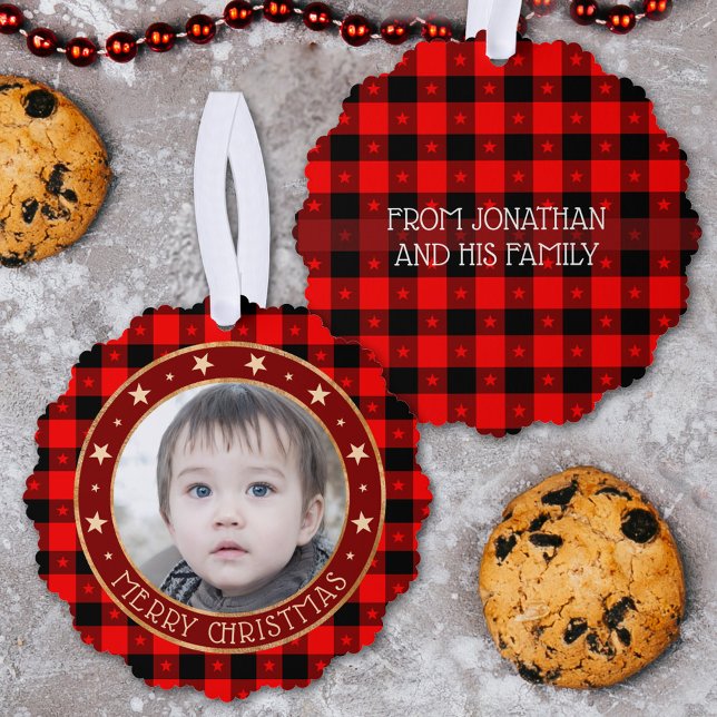   Red Buffalo Plaid & Stars Merry Christmas Custom Tree Decoration Card (Creator Uploaded)
