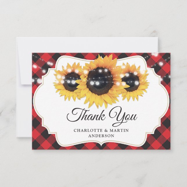 Red Buffalo Plaid String Lights Sunflower Wedding Thank You Card (Front)