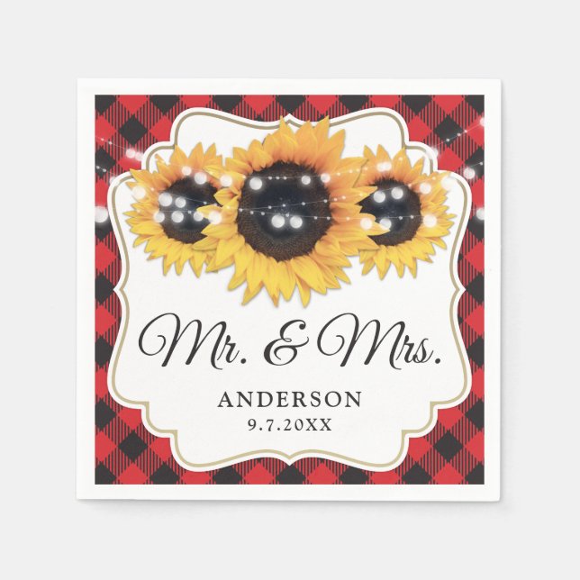 Red Buffalo Plaid Sunflower Mr. & Mrs. Wedding Napkin (Front)
