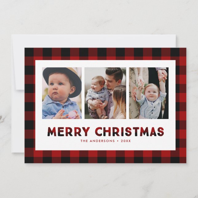 Red Buffalo Plaid Triptych Christmas Photo Card (Front)