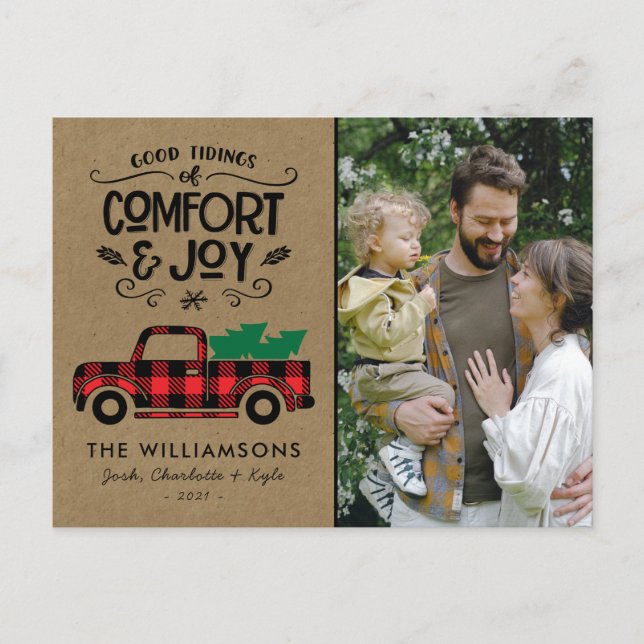 Red Buffalo Plaid Truck Photo Christmas Card  (Front)