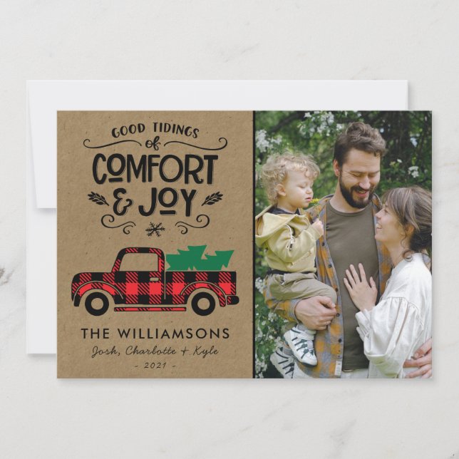 Red Buffalo Plaid Truck Photo Christmas Card  (Front)