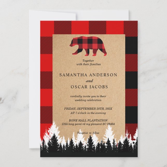 Red Buffalo Plaid Vintage Craft Invitation (Front)