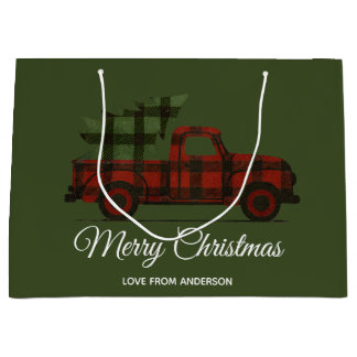Red Buffalo Plaid Vintage Truck & Christmas Tree Large Gift Bag