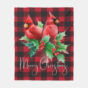 Red Buffalo Plaid Watercolor Cardinals Christmas Fleece Blanket