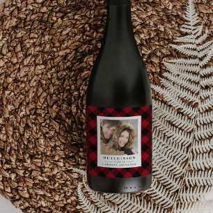 Red Buffalo Plaid Wedding Favour Photo Wine Labels