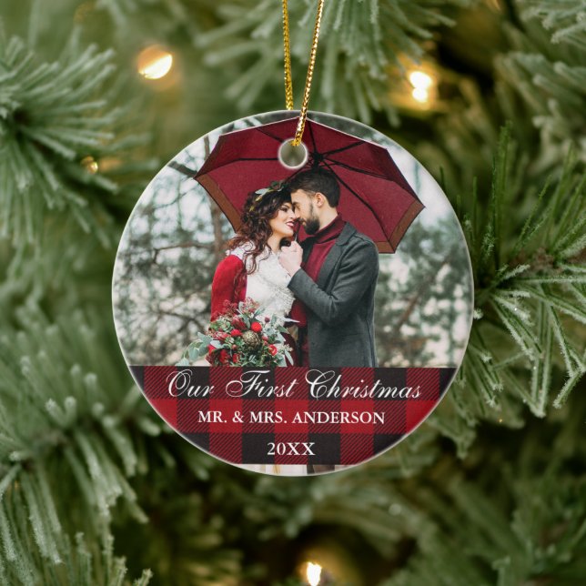 Red Buffalo Plaid Wedding Our First Christmas Ceramic Tree Decoration (Tree)