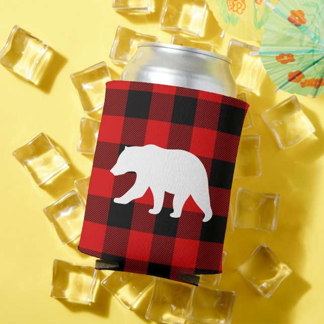 Red Buffalo Plaid & White Bear Can Cooler (In Situ Summer)