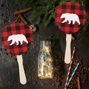 Red Buffalo Plaid & White Bear Hand Fan
