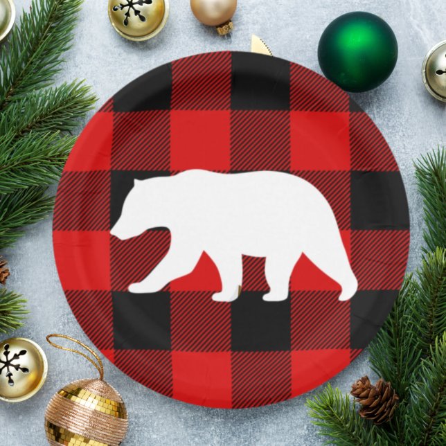 Red Buffalo Plaid & White Bear Paper Plate (Creator Uploaded)