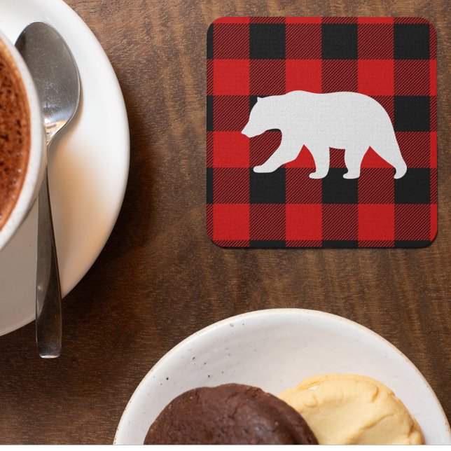 Red Buffalo Plaid & White Bear Square Paper Coaster (Creator Uploaded)