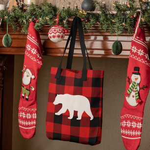 Red Buffalo Plaid & White Bear Tote Bag