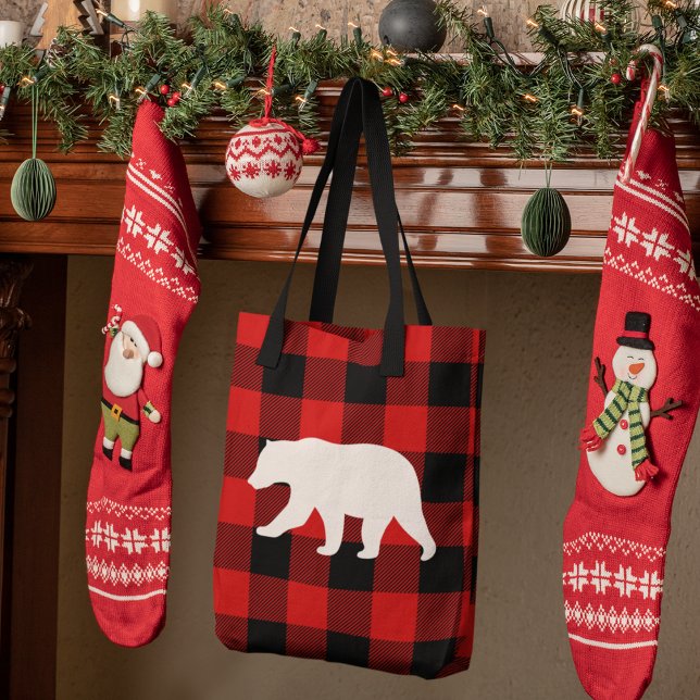 Red Buffalo Plaid & White Bear Tote Bag (Creator Uploaded)