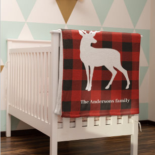 Red Buffalo Plaid & White Deer   Personal Name Baby Blanket