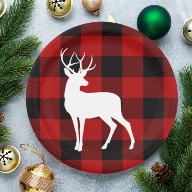 Red Buffalo Plaid & White Deer | Personal Name Paper Plate (Creator Uploaded)