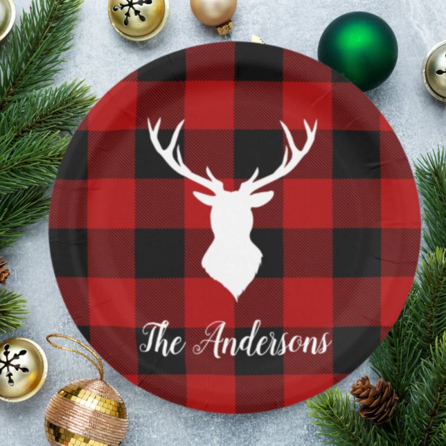 Red Buffalo Plaid & White Deer | Personal Name Paper Plate (Creator Uploaded)