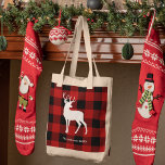 Red Buffalo Plaid & White Deer | Personal Name Tote Bag<br><div class="desc">xWrap yourself in cosy rustic charm with our Red Buffalo Plaid & White Deer personalised product, available exclusively on Zazzle. Whether you're looking for a thoughtful gift or a stylish addition to your own collection, this design brings together the timeless appeal of buffalo plaid and the grace of a white...</div>