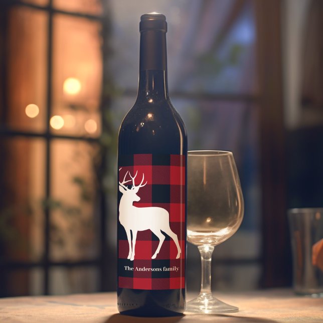 Red Buffalo Plaid & White Deer | Personal Name Wine Label (Creator Uploaded)