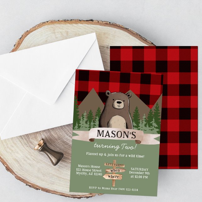 Red Buffalo Plaid Wilderness Bear Birthday Invitation (Creator Uploaded)