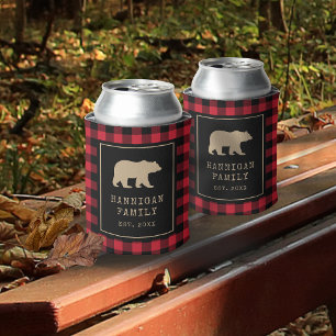 Red Buffalo Plaid With Bear Family Name  Can Cooler
