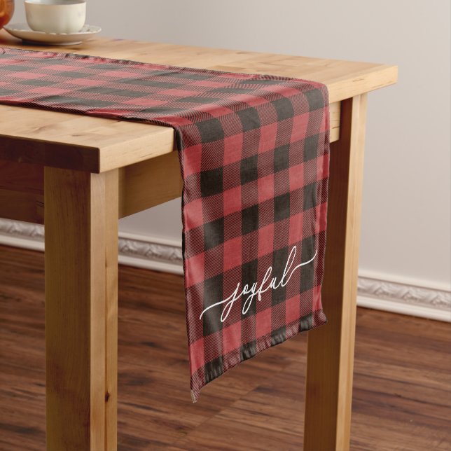 Red Buffalo Plaid with Joyful Script Christmas Long Table Runner (In Situ)