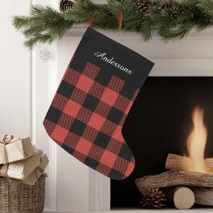 Red Buffalo Plaid With Name  Large Christmas Stocking