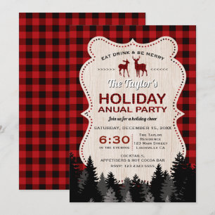 Red Buffalo Plaid Wood Deer Holiday Annual Party Invitation