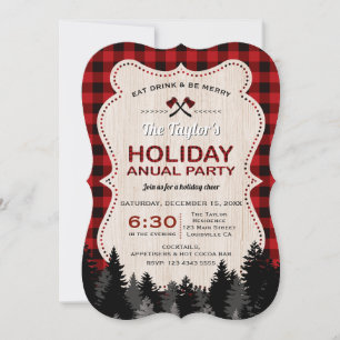 Red Buffalo Plaid Wood Holiday Annual Party Invitation