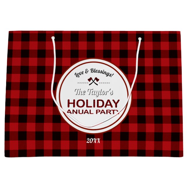 Red Buffalo Plaid Wood Holiday Annual Party Large Gift Bag (Front)