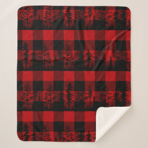 Red Buffalo Plaid Woodland Forest Tree Line Sherpa Blanket