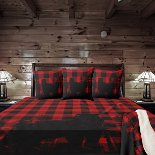 Red Buffalo Plaid Woodland Pine Forest Bear Cushion