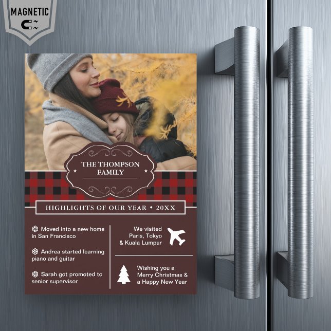 Red Buffalo Plaid Year in Review Christmas Photo Magnetic Invitation (Creator Uploaded)