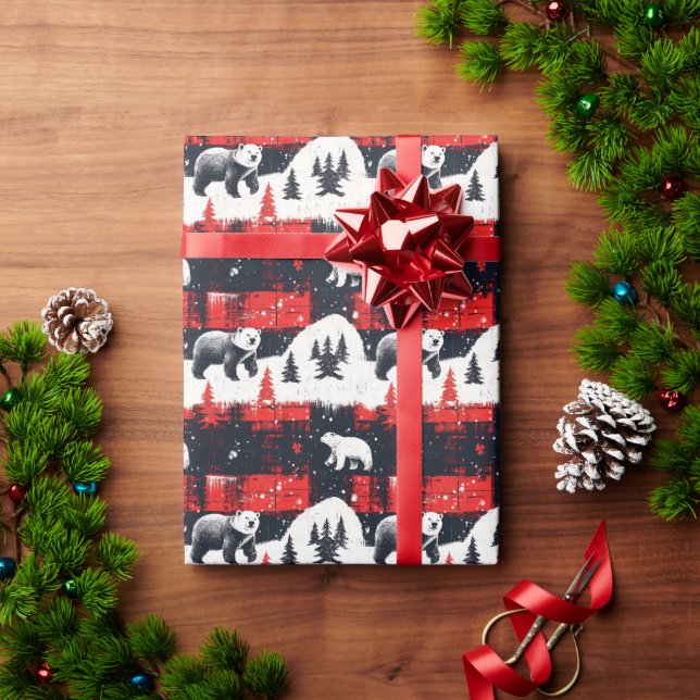 Red Buffalo Plaids Polar Bear Wrapping Paper (Holiday Gift)