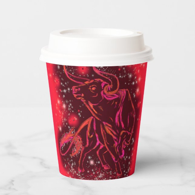 Red Bull Running In Starry Night Paper Cups (Front)