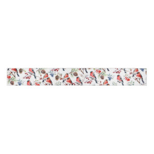 Red Bullfinch Christmas Birds Berries & Pine Cones Grosgrain Ribbon