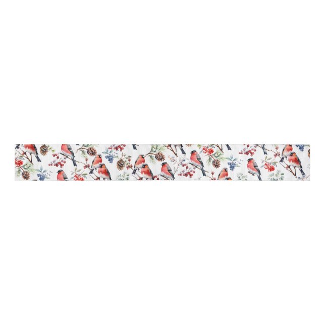 Red Bullfinch Christmas Birds Berries & Pine Cones Grosgrain Ribbon (Front)