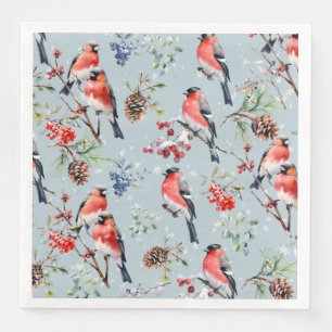 Red Bullfinch Christmas Birds Berries & Pine Cones Napkin