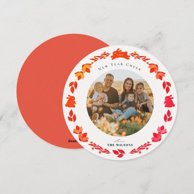 Red Bunny Folk Art New Year Holiday Photo Card (Front/Back)