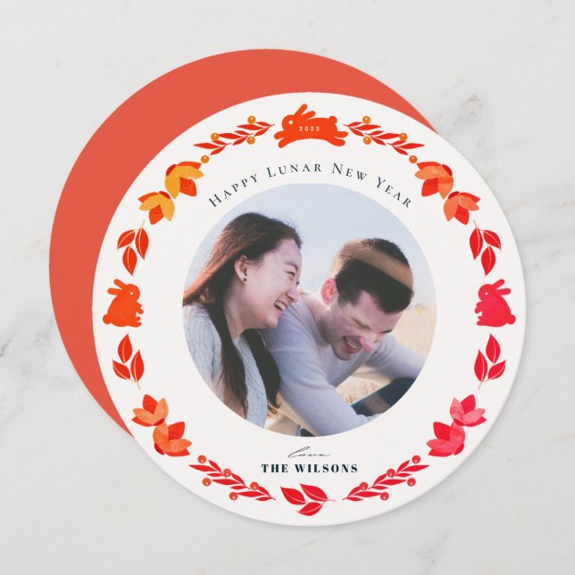 Red Bunny Folk Art Photo Chinese New Year Holiday Card (Front/Back)