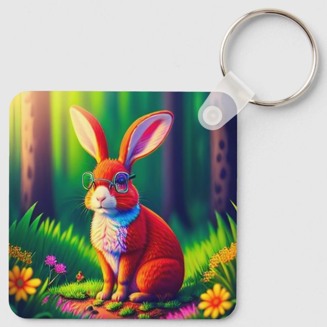 Red Bunny Sitting on Grass-57666 Key Ring (Back)
